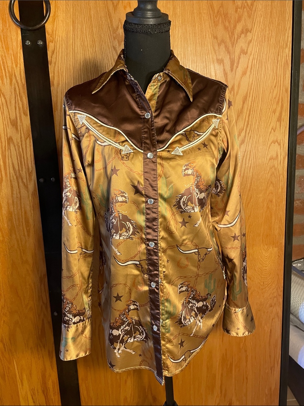 Satin Western-Style Button Front Blouse in Gold and Brown
